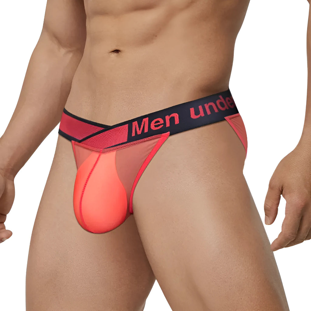 Men's red ice silk nylon briefs with a large V front and low waist design.