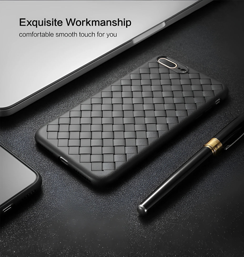 Black luxury grid weaving TPU phone case for iPhone, showing raised edges and precise button cutouts.