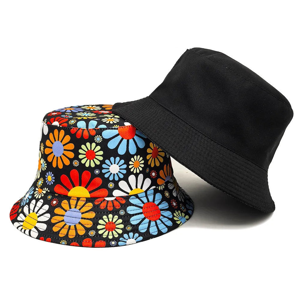 Colourful floral print polyester bucket sun hat with a dome crown, size M.