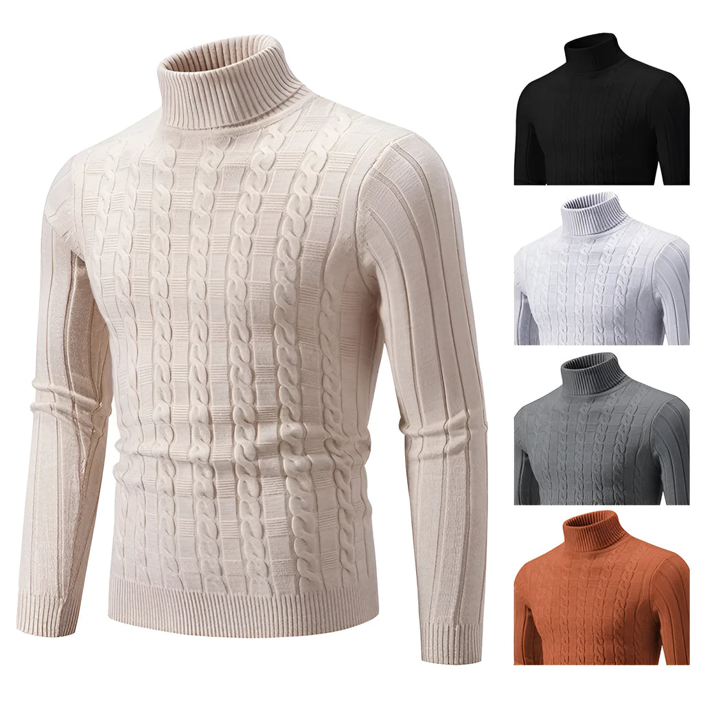 Man wearing a slim-fit beige chenille turtleneck pullover for casual leisure wear.