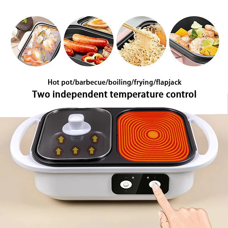 Green and white dual-function electric hot pot and frying oven appliance for 2-3 people