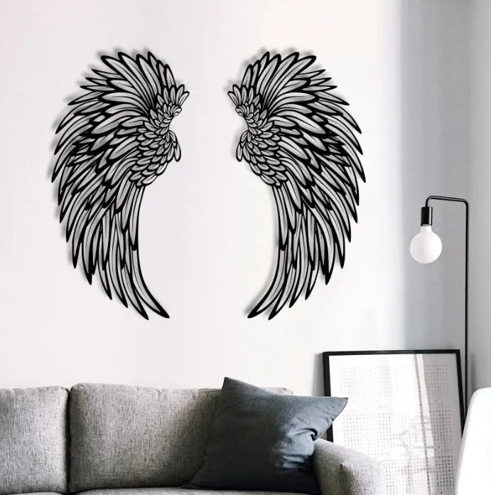 Carved metal angel wings wall decor in iron with double-sided black finish, available with or without light