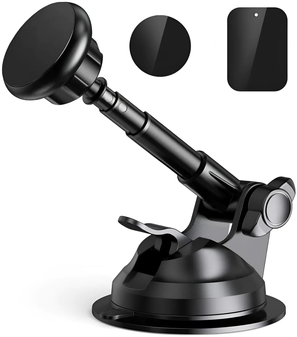 Aluminium alloy magnetic car phone holder with six neodymium magnets, 360-degree rotation and telescopic arm on dashboard