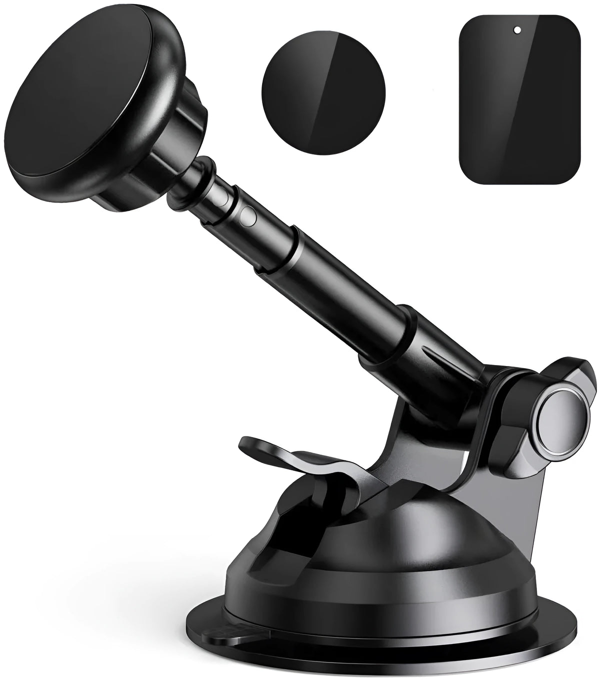 Aluminium alloy magnetic car phone holder with six neodymium magnets, 360-degree rotation and telescopic arm on dashboard