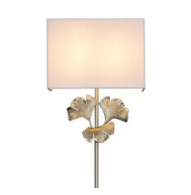 American-style all-copper ginkgo leaf wall lamp with white shade, brass finish, 530x300x120mm