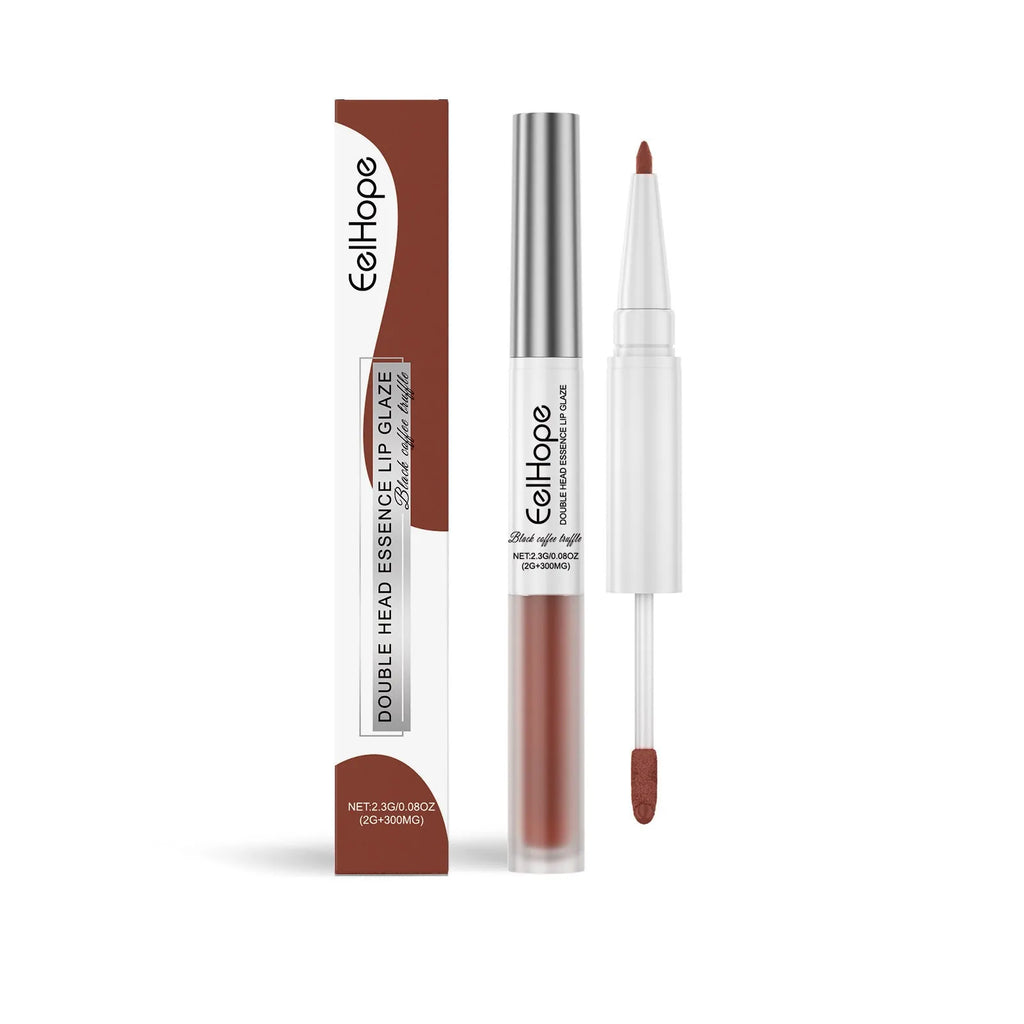 Double-headed lip liner and lip lacquer pen with brush applicator in three colour options