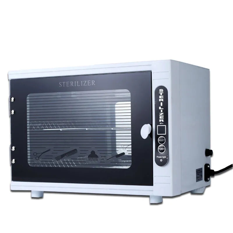 Small silver ultraviolet sterilizer with stainless steel chamber for nail salon and barber tools
