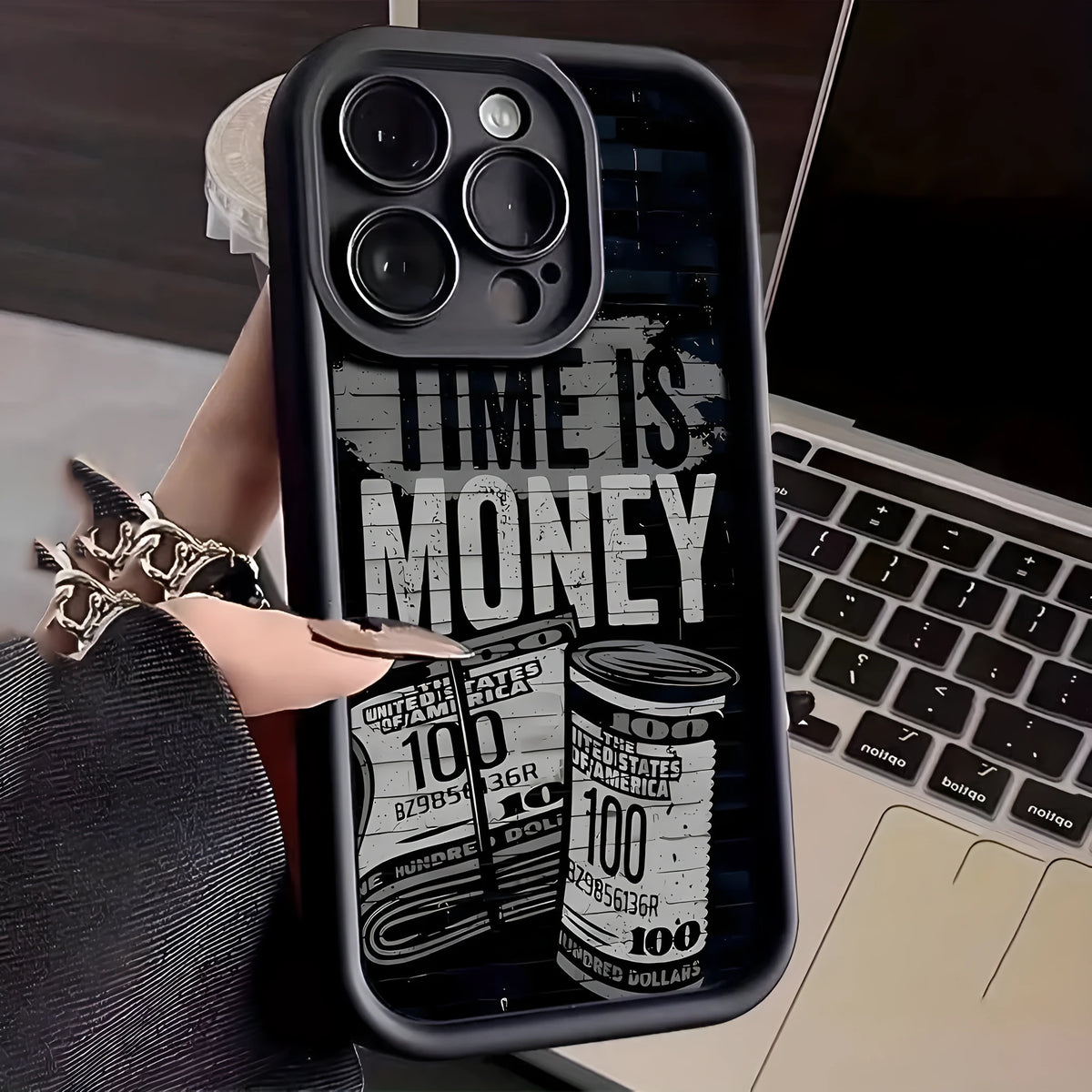 Money banknote USD currency phone case in black TPU with frosted finish for Apple iPhone