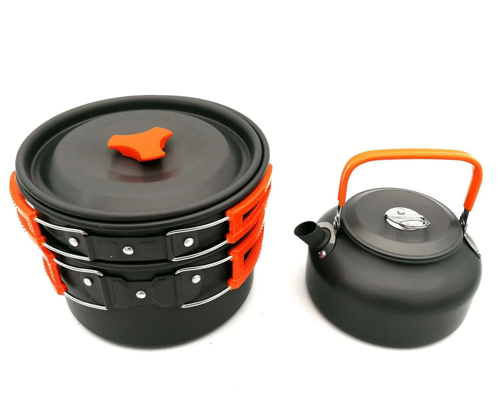 Hard alumina camping cookware set with saucepan, frying pan, 800ml teapot, two 175ml stainless steel cups, cutlery and mesh bag