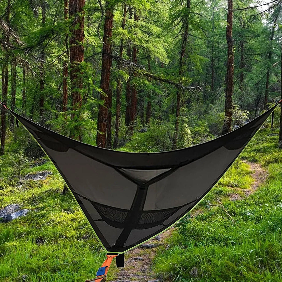 Portable multi-person triangle hammock in black or green polyester, 2m or 2.8m length, shown without a stand.