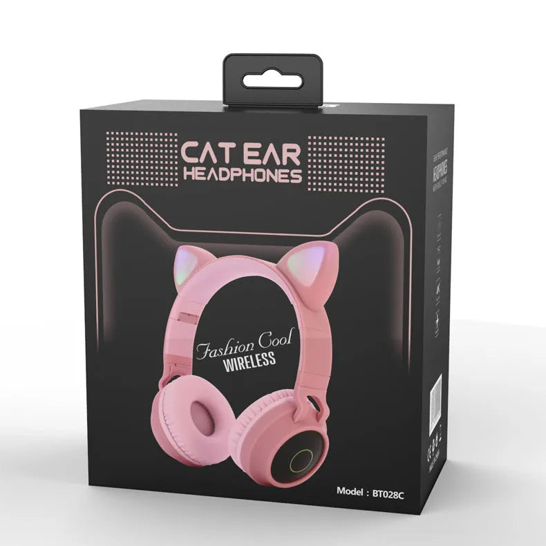 LED cat ear headphones in pink with rainbow lights, Bluetooth 5.0, foldable design