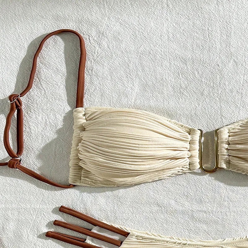Women's polyester three-point bikini set in striped pattern, khaki and white colours, front view