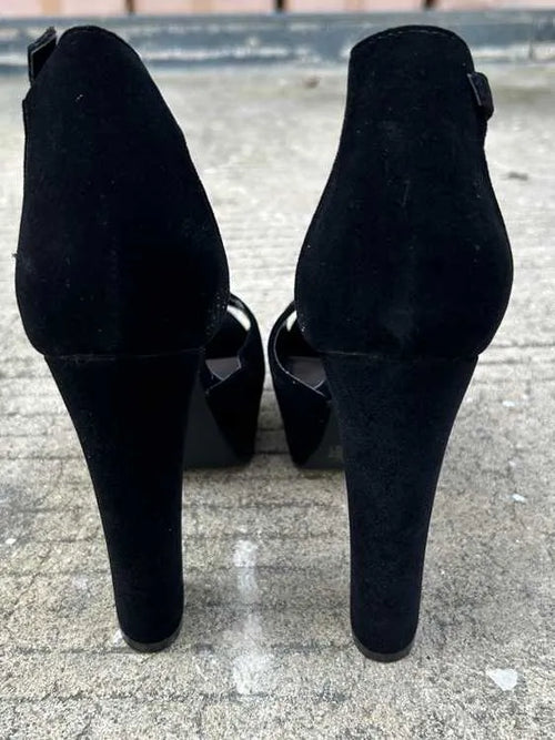 Black suede 13cm chunky heel platform sandals with ankle-strap buckle for women