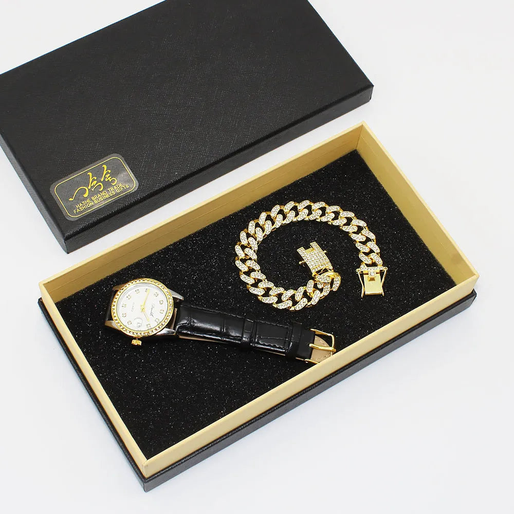 Black plate men's and women's couple watch set with metal bracelets in gift box