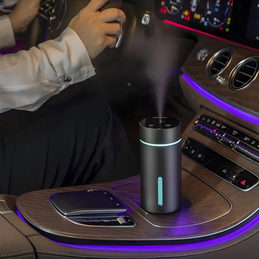 Black portable car air humidifier and essential oil diffuser with aluminium body and USB cable