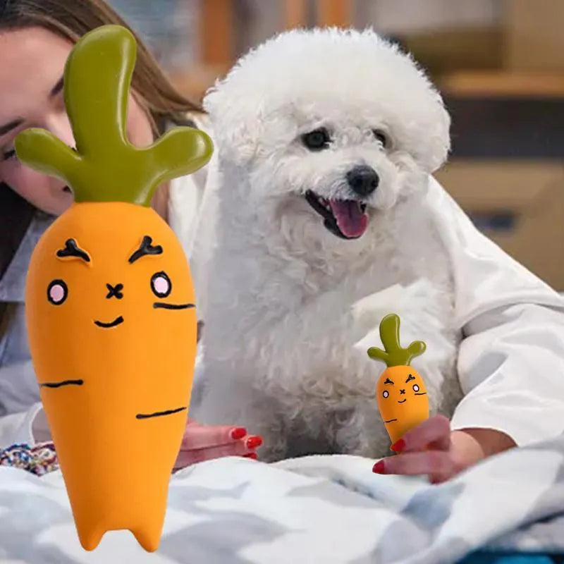 Latex vegetable dog chew toys showing cartoon onion and eggplant designs in green, orange and purple colours