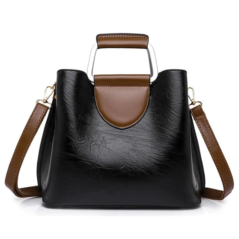 Large capacity PU tote bag in soft leather-look texture horizontal square shape with sewing line detail available in Black Dark Brown Green Red