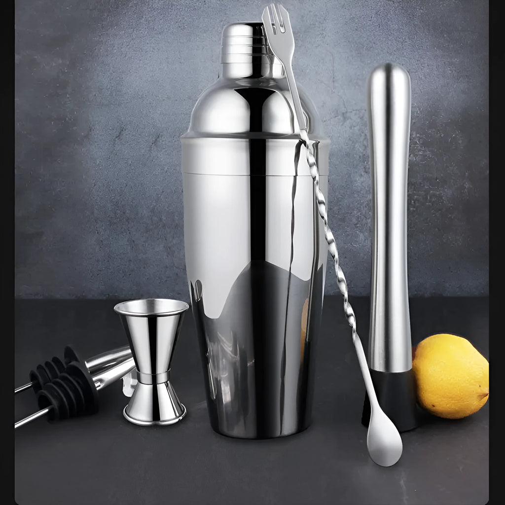 23-piece stainless steel and acrylic European style cocktail set on a bar
