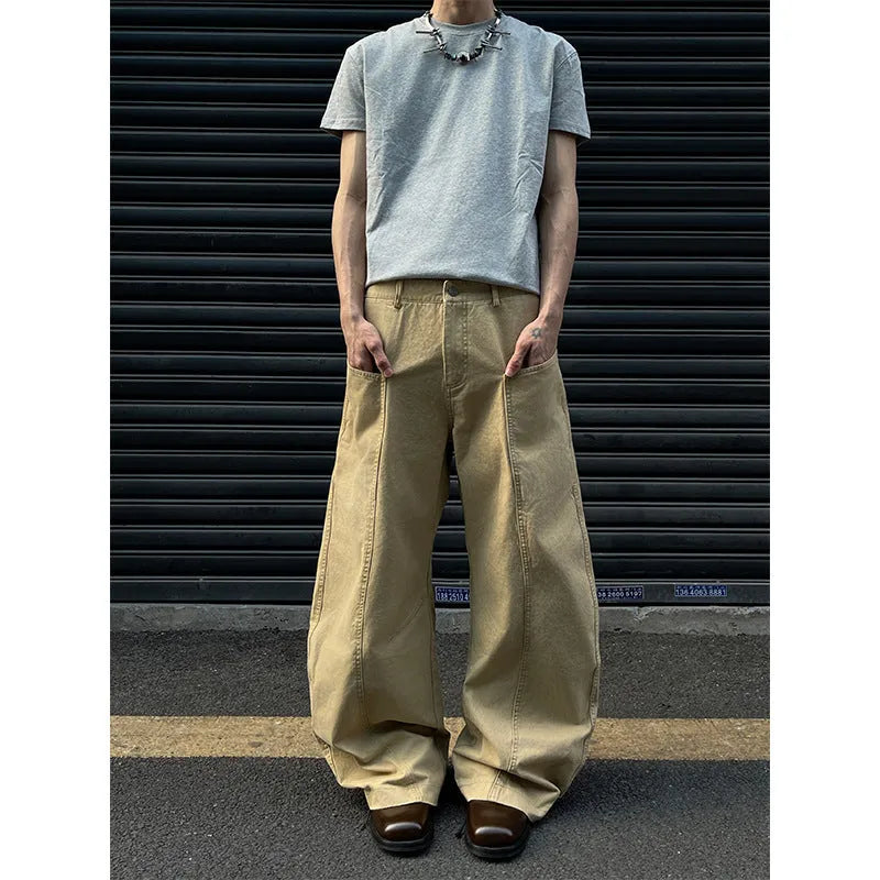 Men's khaki straight-leg cotton trousers showing American retro styling front and back