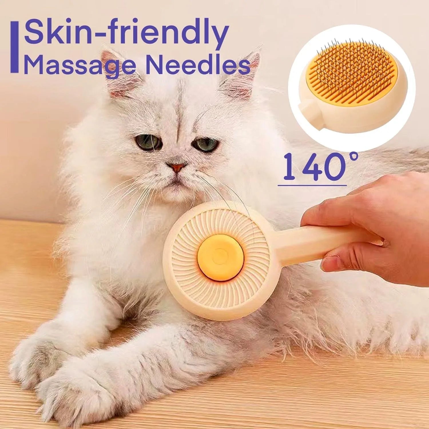 Blue and yellow pet deshedding brush with metal pins and a self-cleaning button on the handle.