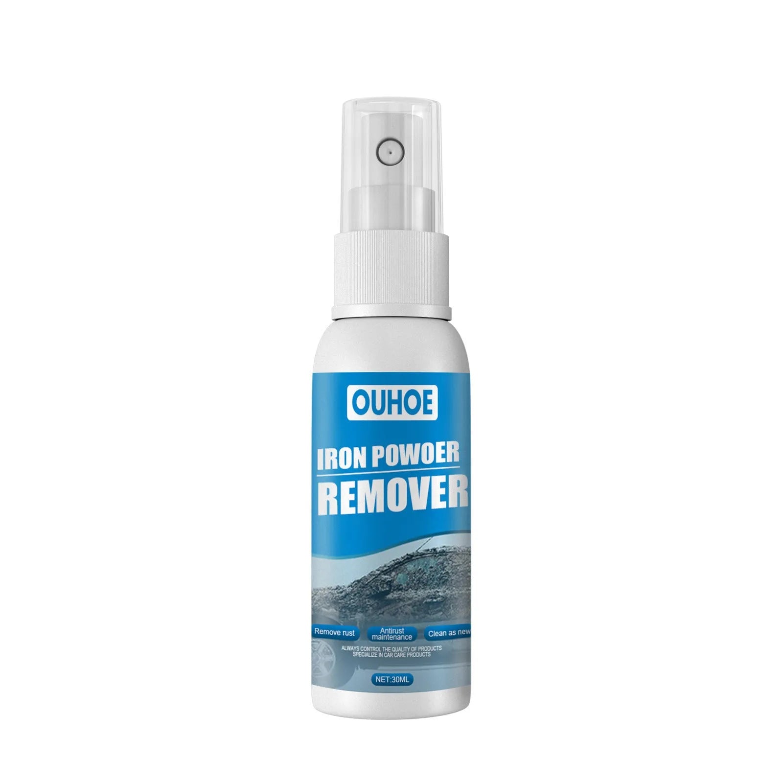 Automotive iron powder rust remover spray bottle with blue sponge and towel for car cleaning