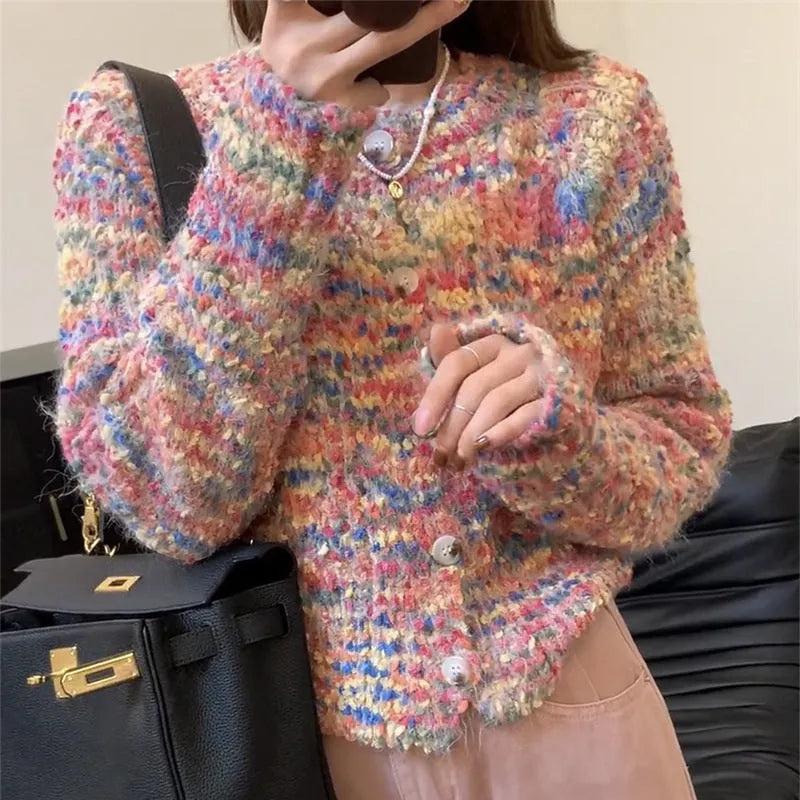Retro style knitted rainbow sweater cardigan in pink and green ice cream colours