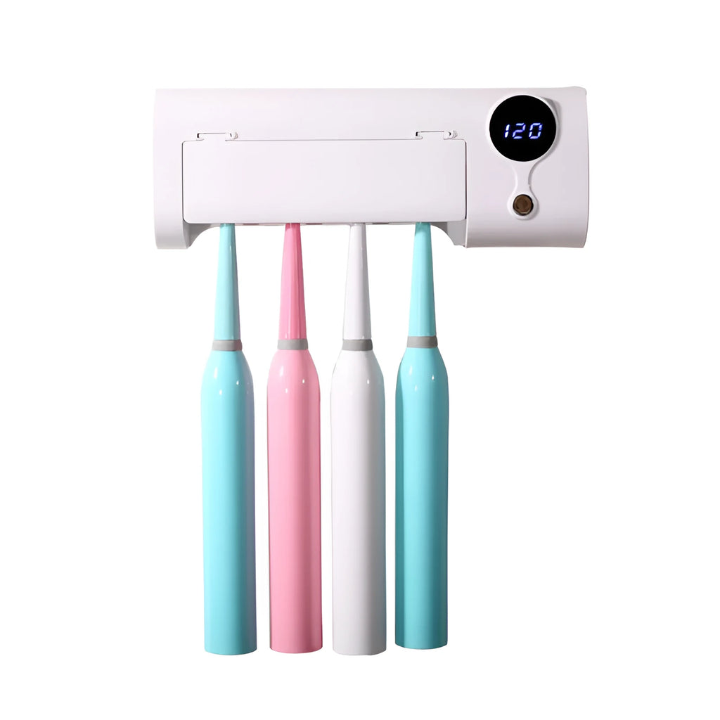 White wall-mounted smart toothbrush steriliser with UV disinfection and USB charging port