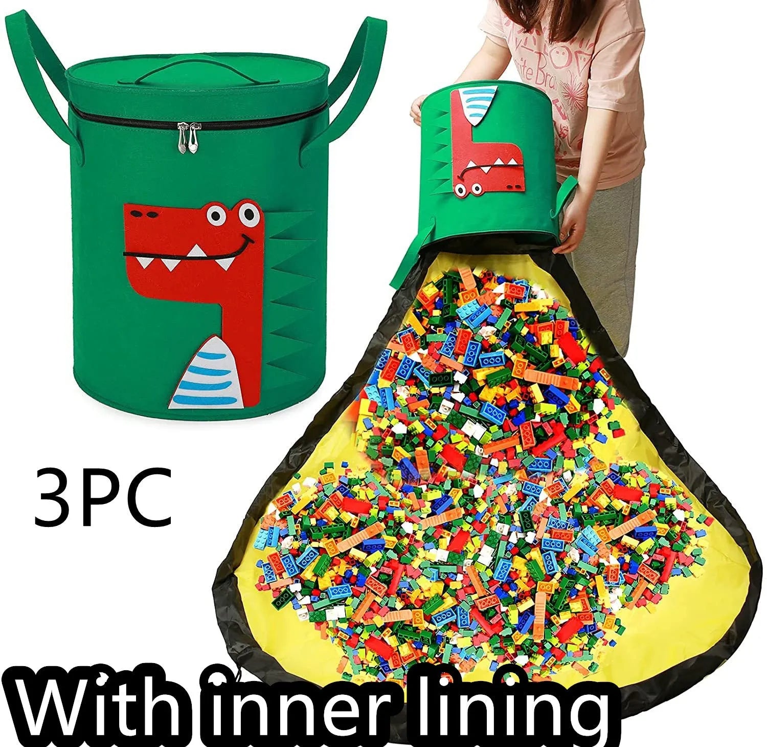 Green felt cube storage bag with pull rope, shown both as a closed bag and flattened as a play mat.
