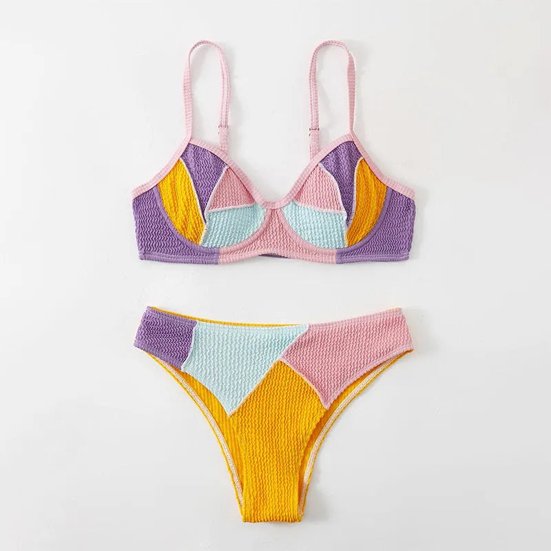 Ladies push up bikini with steel bracket underwire in colour-matching design for enhanced cleavage support during swimming