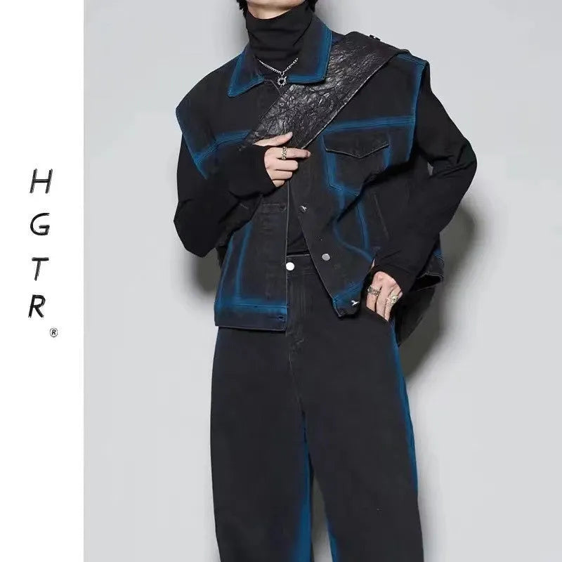 Fleece-lined distressed denim vest and jeans two-piece suit set with spray colour gradient design