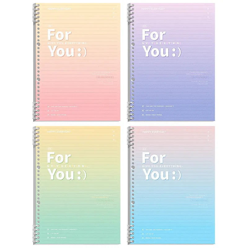 Removable coil gradient notepad in blue, green, pink, or purple, showing A4 and B5 sizes.