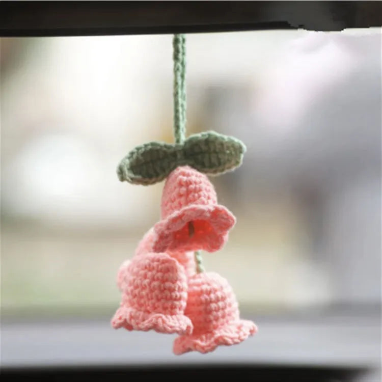 Green and white knitted car plant ornament with hanging rope for dashboard or mirror decoration