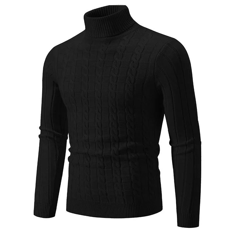 Man wearing a slim-fit beige chenille turtleneck pullover for casual leisure wear.