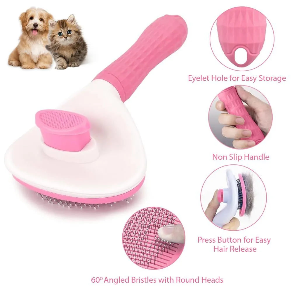 Blue cat grooming brush with a release button and fine wire bristles on a grey background.