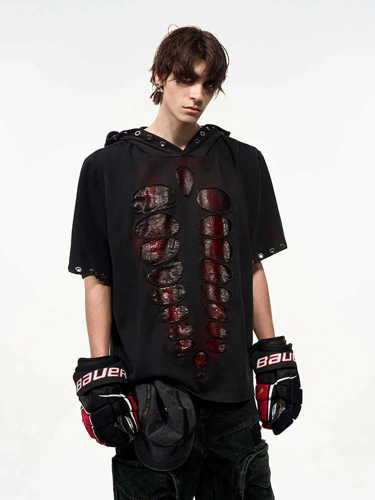 Black men's hooded short-sleeved t-shirt with sequin detailing and loose fit