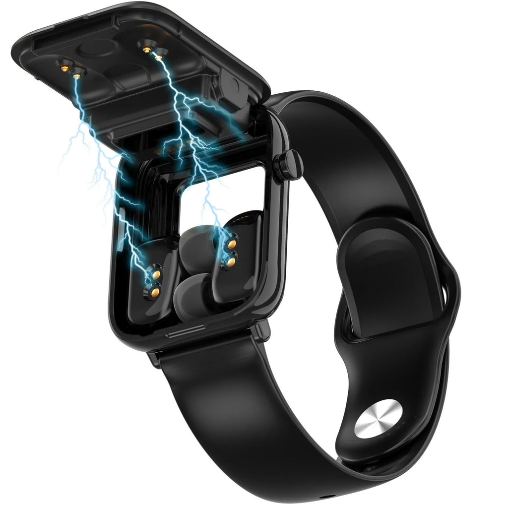 Black zinc alloy smartwatch with 1.69-inch touchscreen and integrated Bluetooth headset charging case.