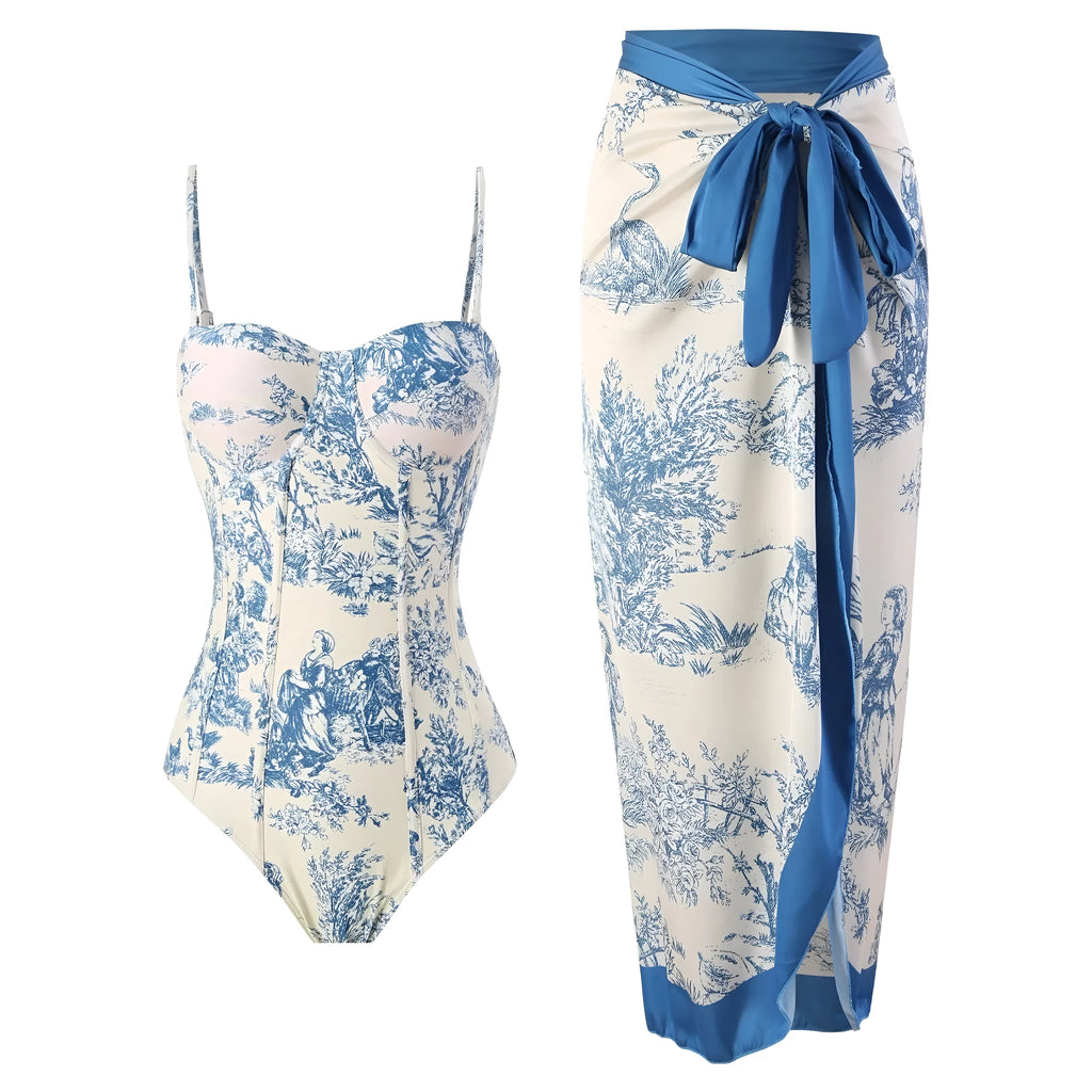 Blue women's one-piece swimsuit with detachable gauze skirt shown in S M L XL sizing options