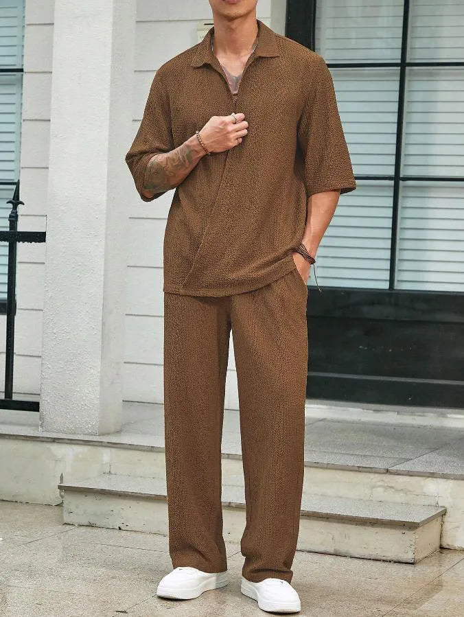 Men's cotton short-sleeved top and loose straight trousers casual suit in khaki for summer commuter wear