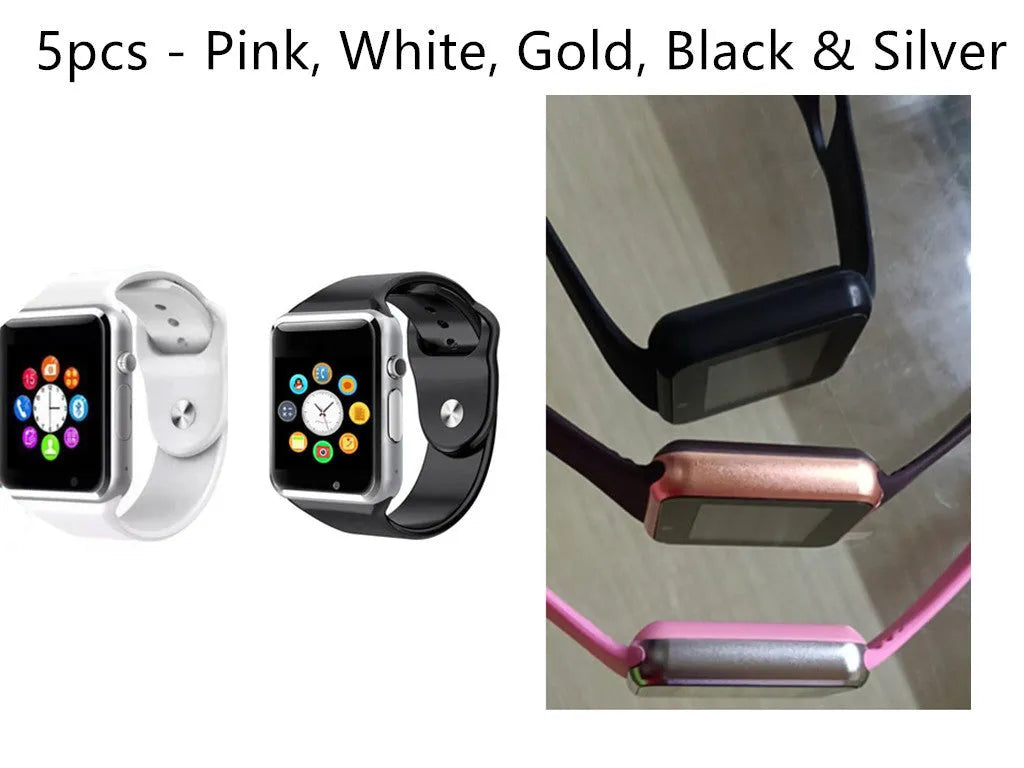 A1 smart watch with 1.54-inch display shown in available colours: black, silver, white, gold, pink, red, green, blue