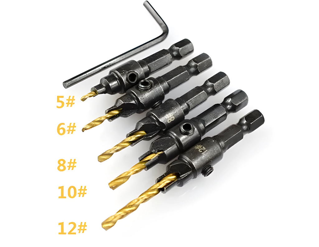 Five hexagon shank titanium plated countersink drill bits with sizes 5 to 12 mm and a small wrench