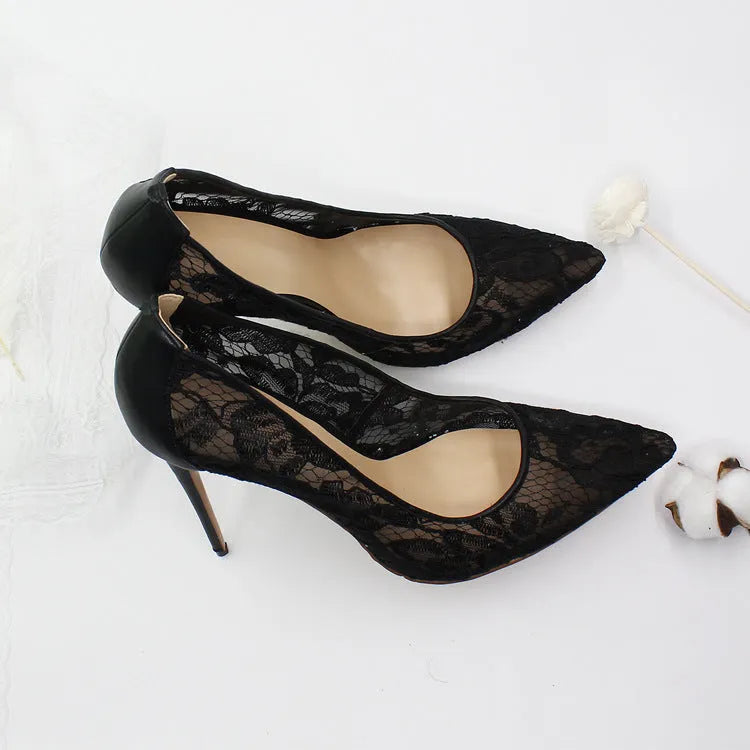 Women's lace hollow high heels pointed toe super high heel mesh cloth floral pattern black white