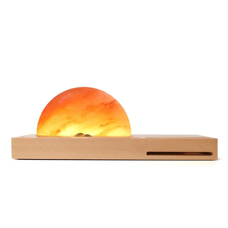 Sunrise Oriental wooden base salt lamp with integrated wireless phone charging pad and natural crystal salt shade.