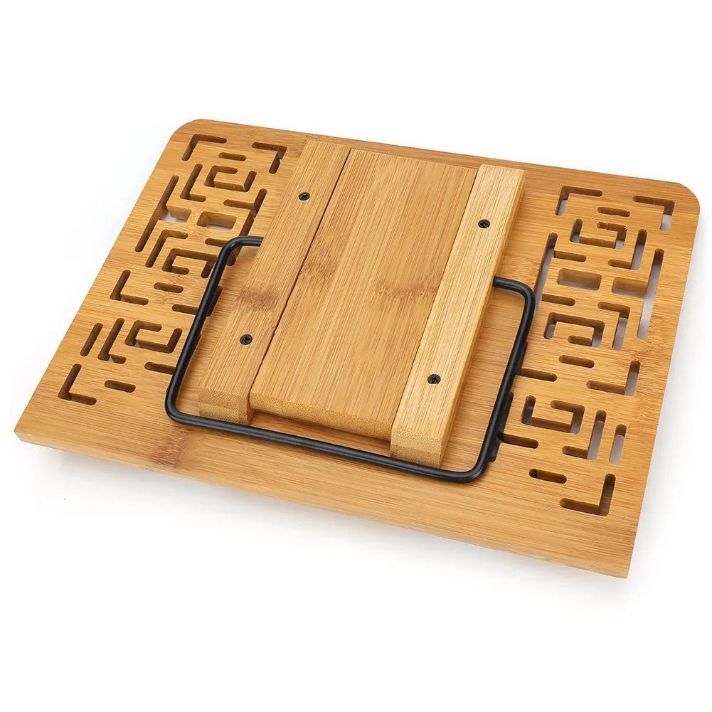 Natural bamboo hollow reading frame on a desk holding an open book in M size with hollow finish