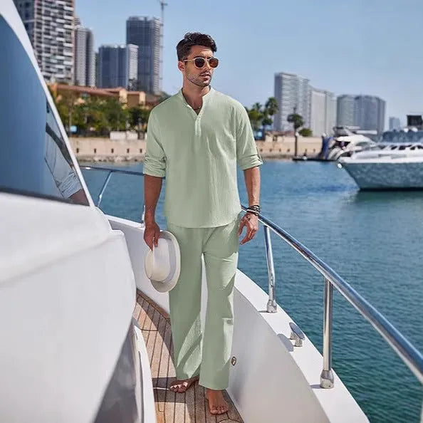 Men's cotton casual suit in solid colour with long sleeves and trousers for spring and autumn leisure wear