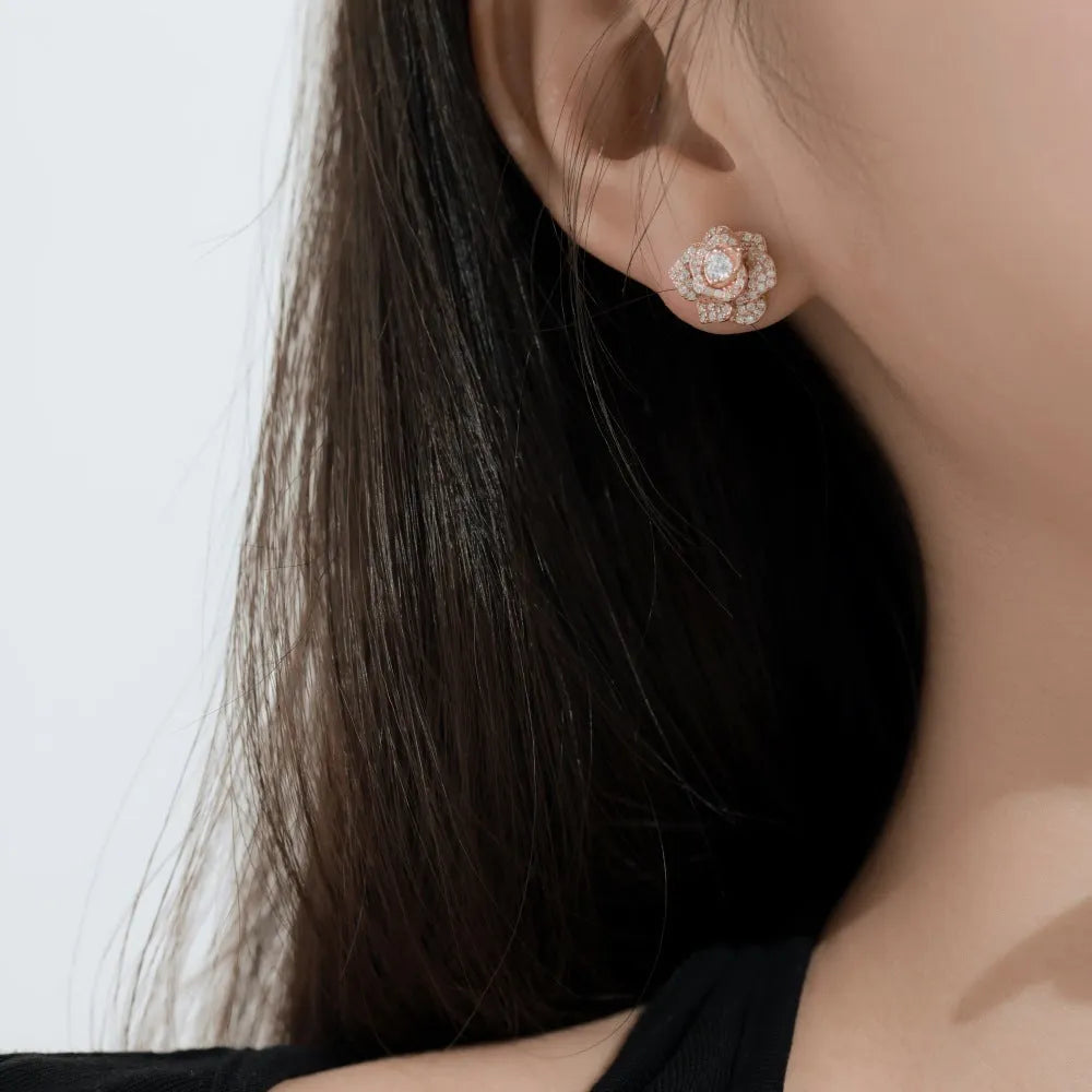 S925 sterling silver stud earrings with rose zircon inlay in platinum finish