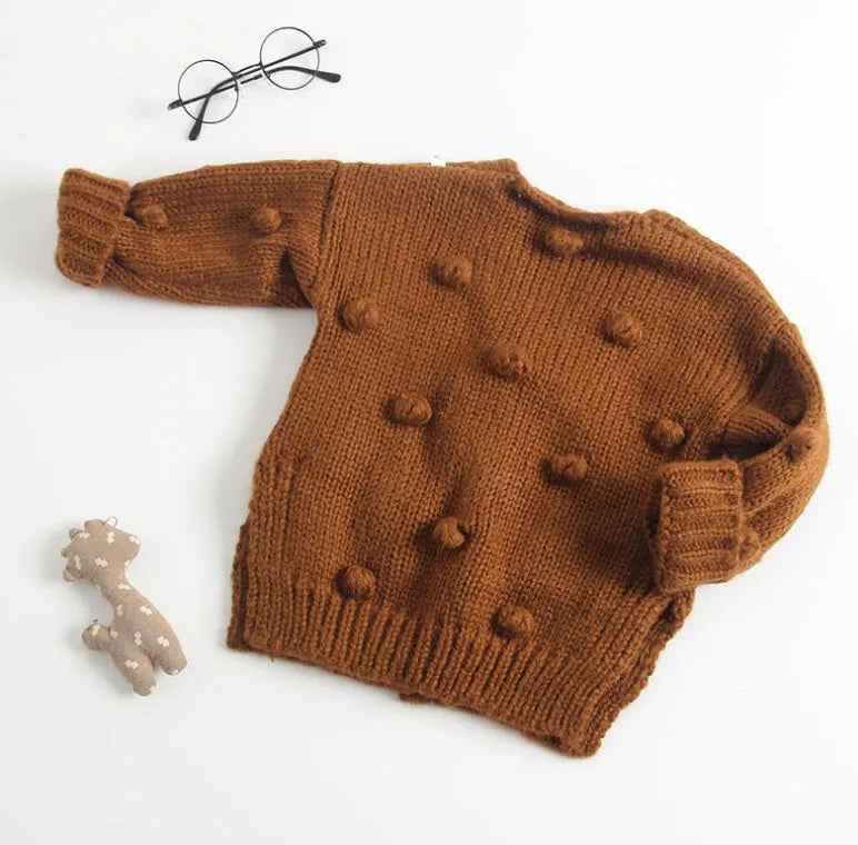 Baby girl soft knit pullover sweater in brown pink and yellow colours for toddlers sized 73cm to 100cm