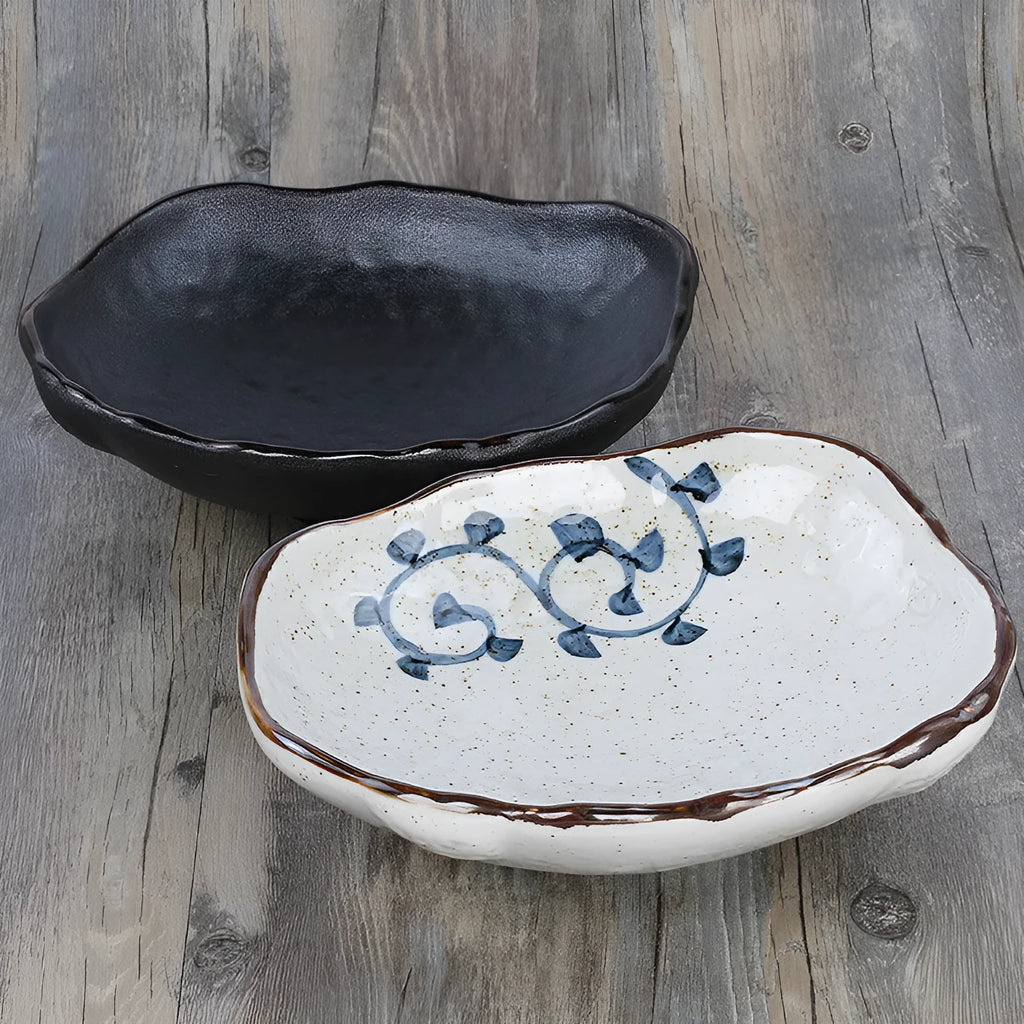 Irregular shaped Japanese coarse pottery sashimi bowl with floral decoration 24cm ceramic