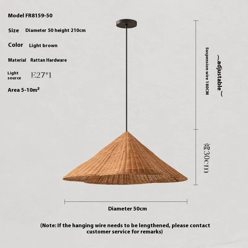 Natural rattan woven pendant ceiling lamp in Zen style, shown in 50cm, 60cm, and 80cm diameter options.