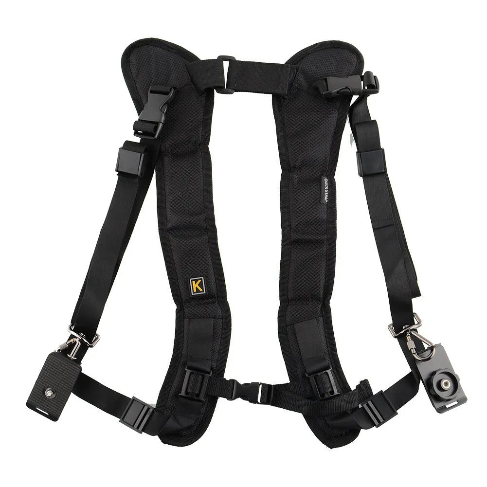 Black professional dual SLR camera shoulder strap shown carrying two cameras.