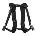 Black professional dual SLR camera shoulder strap shown carrying two cameras.